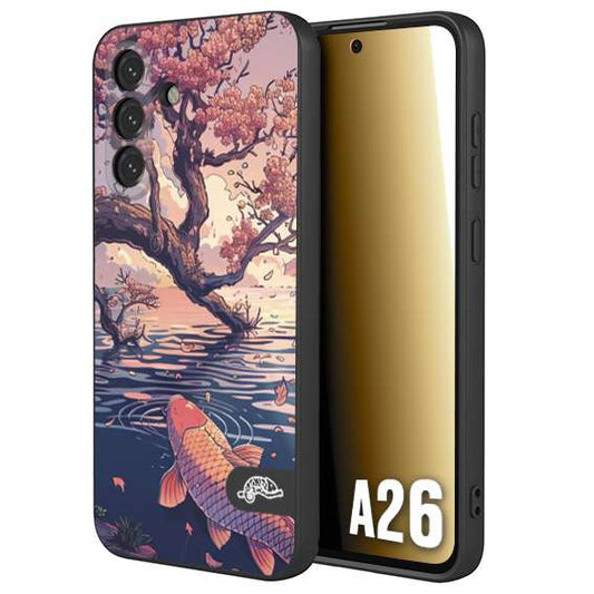 CUSTOMIZZA - Custodia cover nera morbida in tpu compatibile per Samsung A26 giapponese lago carpa koi rosa con foglie d'acero disegnata tattoo