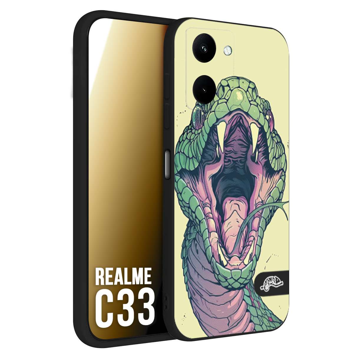 CUSTOMIZZA - Custodia cover nera morbida in tpu compatibile per Realme C33 snake yellow green serpente tatuaggio tattoo disegnato a mano
