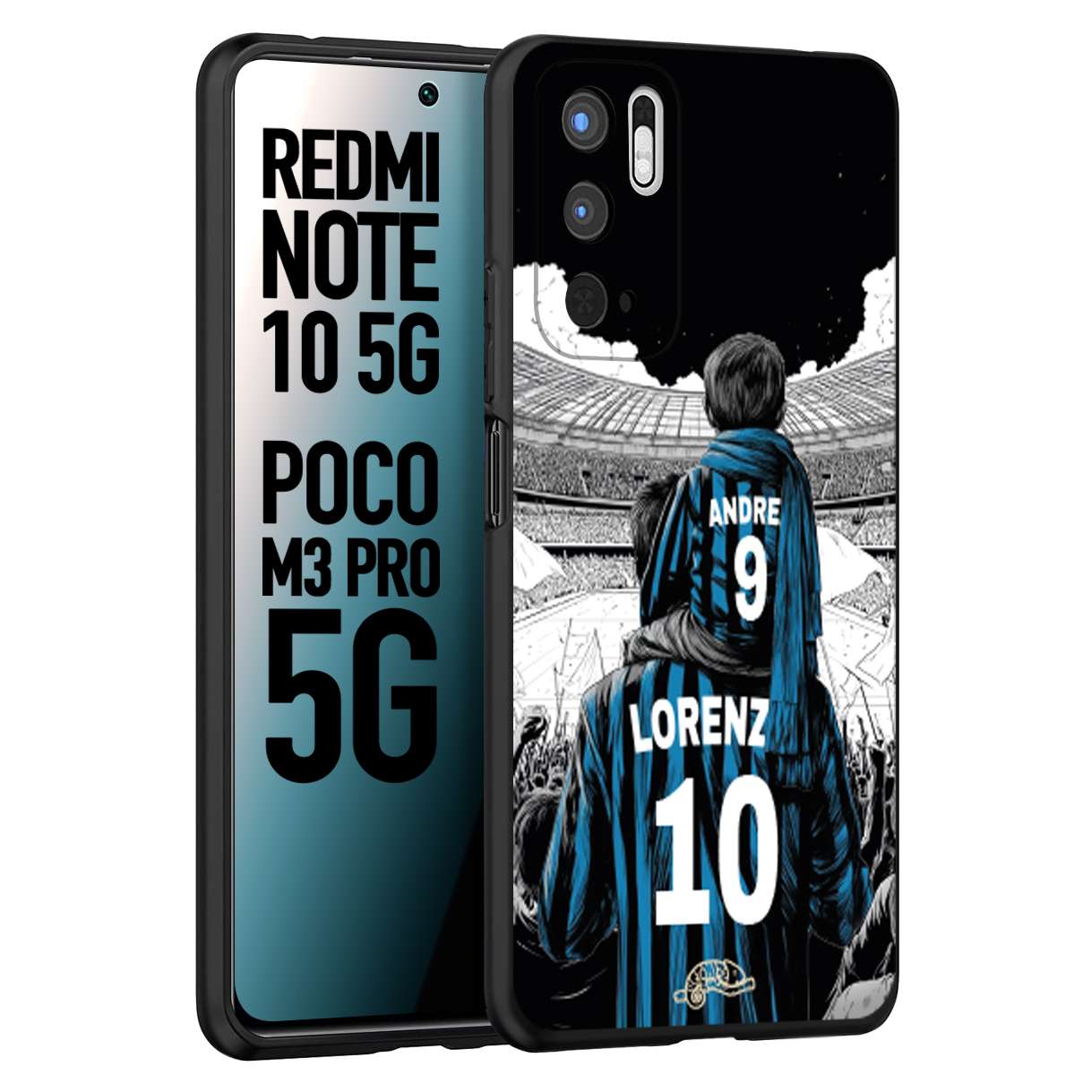 CUSTOMIZZA - Custodia cover nera morbida in tpu compatibile per Xiaomi Redmi Note 10 5G - Poco M3 Pro 5G personalizzata calcio football padre e figlio calciatori nerazzurra