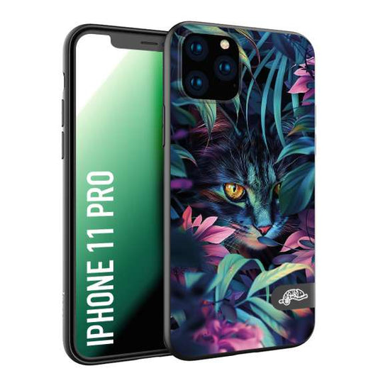 CUSTOMIZZA - Custodia cover nera morbida in tpu compatibile per iPhone 11 PRO animali color giungla tropicale occhio di gatto colori vibranti disegnato