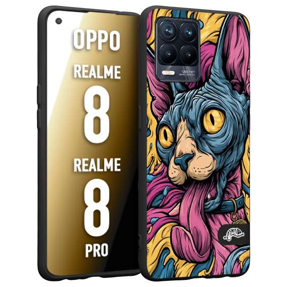 CUSTOMIZZA - Custodia cover nera morbida in tpu compatibile per Realme 8 - 8 PRO Sphynx Colorato Pop Art Psichedelico Gatto Blu Rosa Giallo Artistica Fantasy