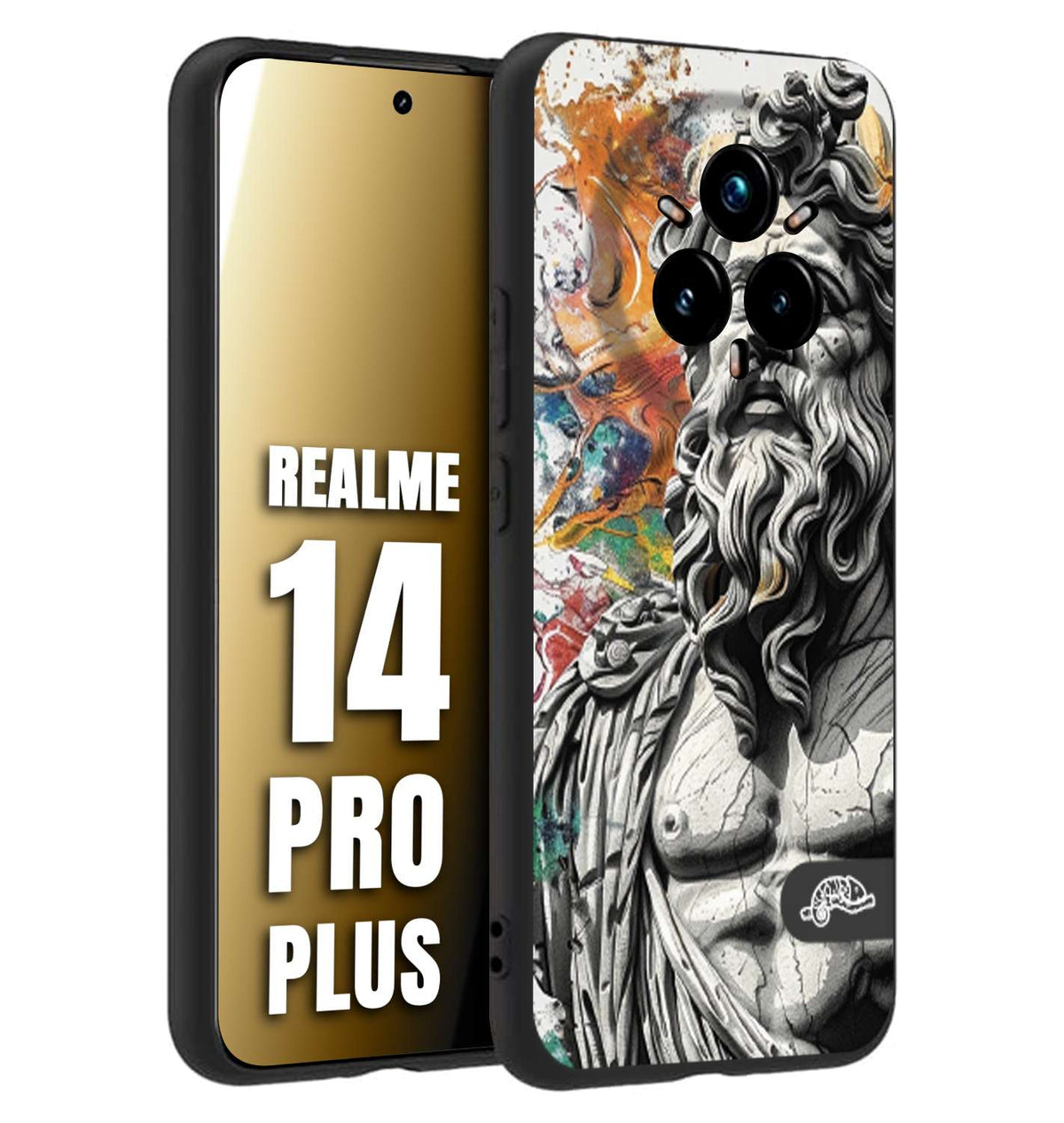 CUSTOMIZZA - Custodia cover nera morbida in tpu compatibile per Realme 14 PRO PLUS statua colorata moderna antico tattoo splash color