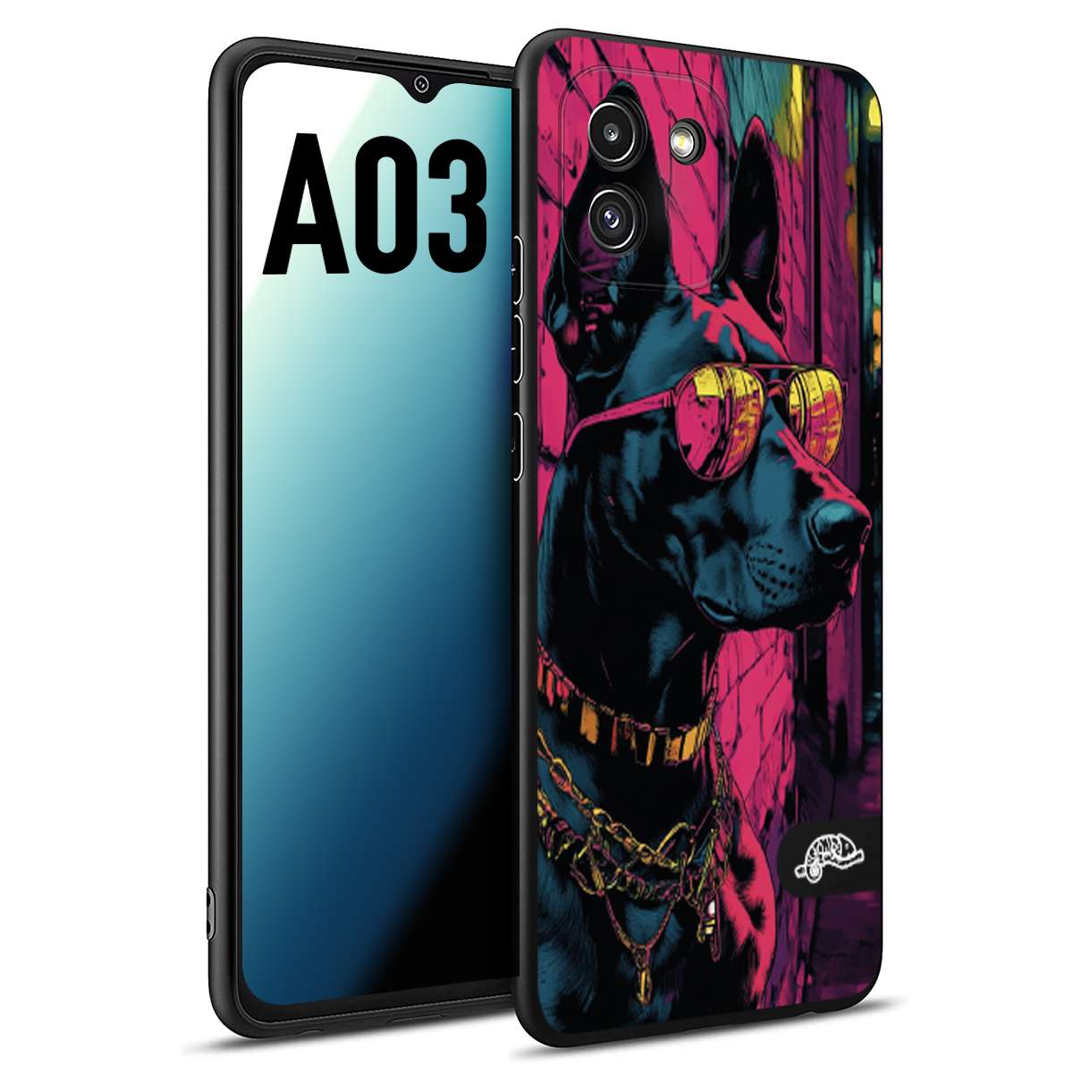 CUSTOMIZZA - Custodia cover nera morbida in tpu compatibile per Samsung A03 animali cyberpunk dobermann cane street dog fucsia blu