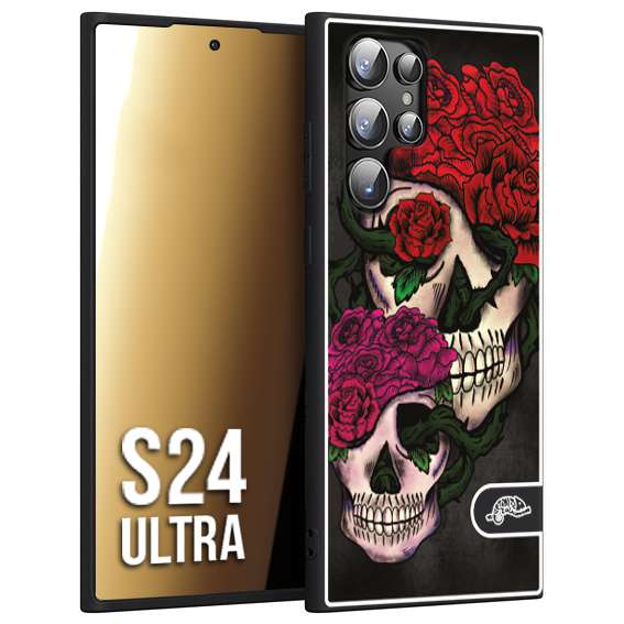 CUSTOMIZZA - Custodia cover nera morbida in tpu compatibile per Samsung S24 ULTRA teschi e rose rosse fucsia skull and roses