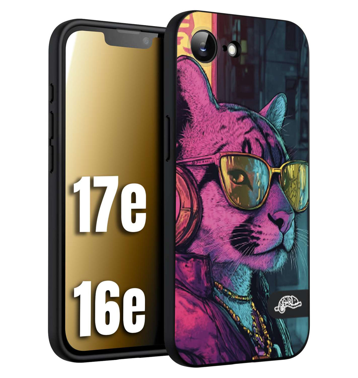 CUSTOMIZZA - Custodia cover nera morbida in tpu compatibile per iPhone 16E - 17E animali cyberpunk pantera street cat fucsia blu giallo