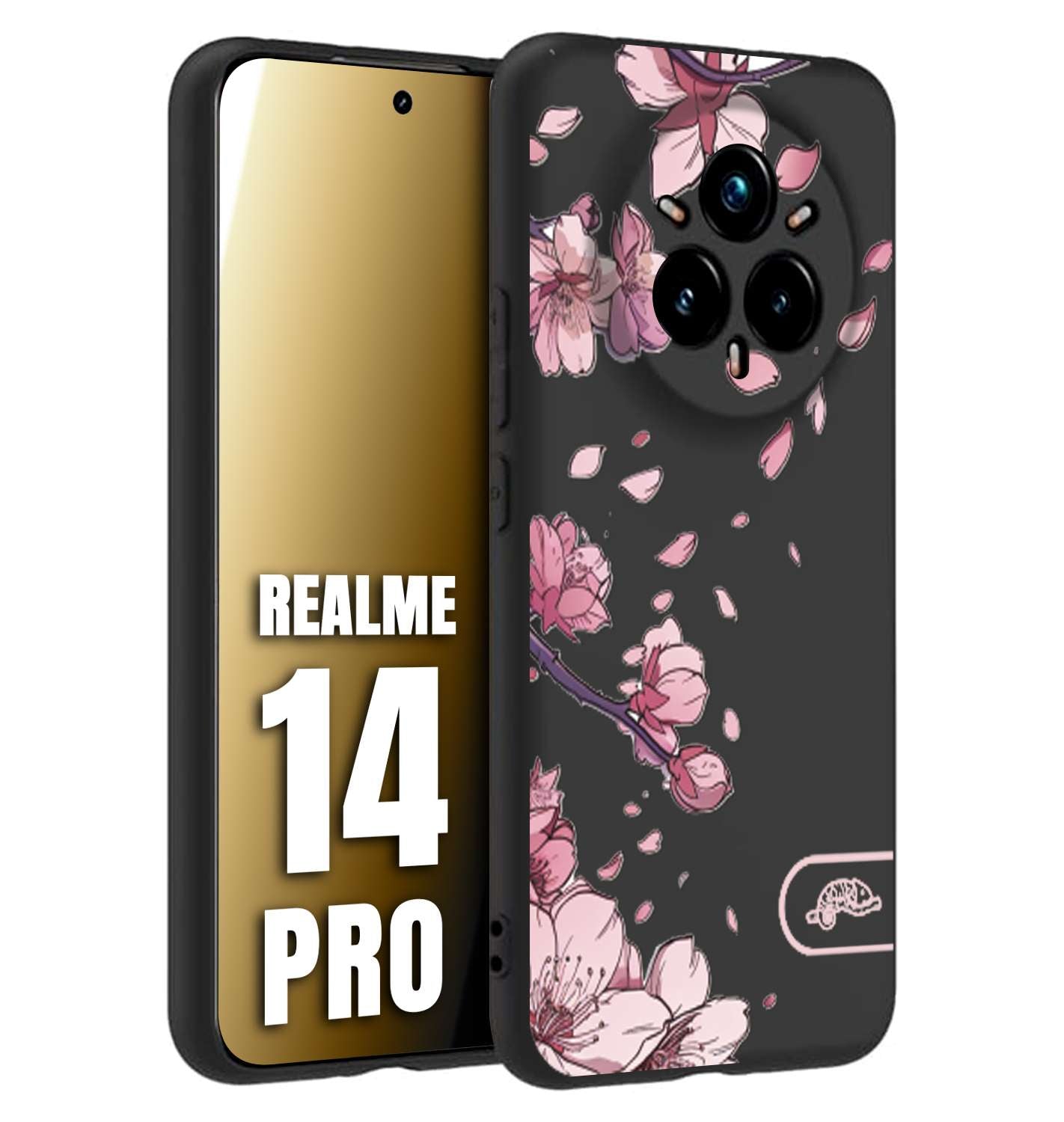 CUSTOMIZZA - Custodia cover nera morbida in tpu compatibile per Realme 14 PRO giapponese fiori di ciliegio in fiore a rilievo disegnata tattoo