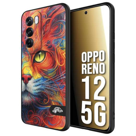 CUSTOMIZZA - Custodia cover nera morbida in tpu compatibile per Oppo Reno 12 5G animali color cat gatto viso colori vibranti disegnato schizzo