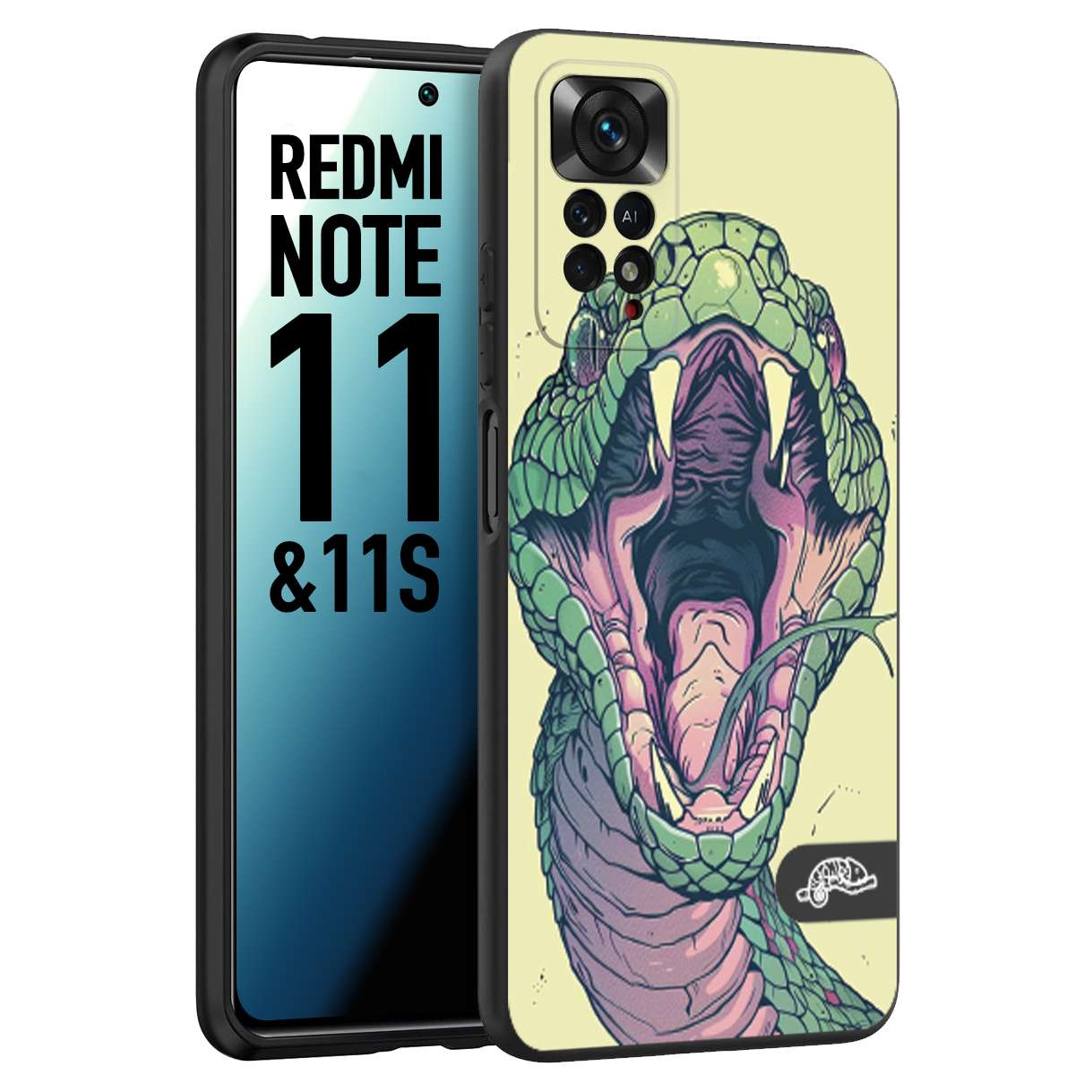 CUSTOMIZZA - Custodia cover nera morbida in tpu compatibile per Xiaomi Redmi Note 11 - Note 11S snake yellow green serpente tatuaggio tattoo disegnato a mano