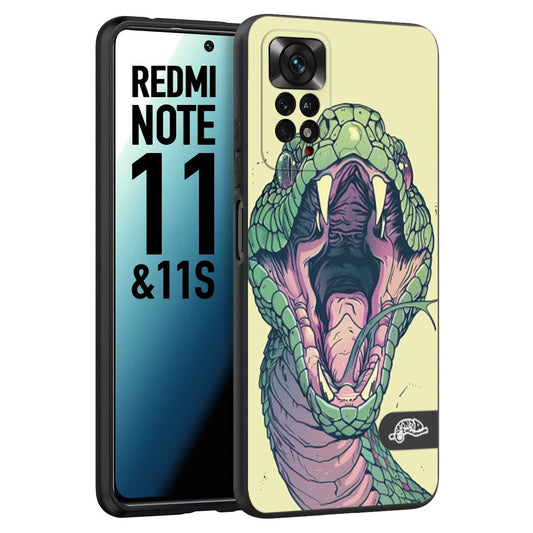 CUSTOMIZZA - Custodia cover nera morbida in tpu compatibile per Xiaomi Redmi Note 11 -  Note 11S snake yellow green serpente tatuaggio tattoo disegnato a mano