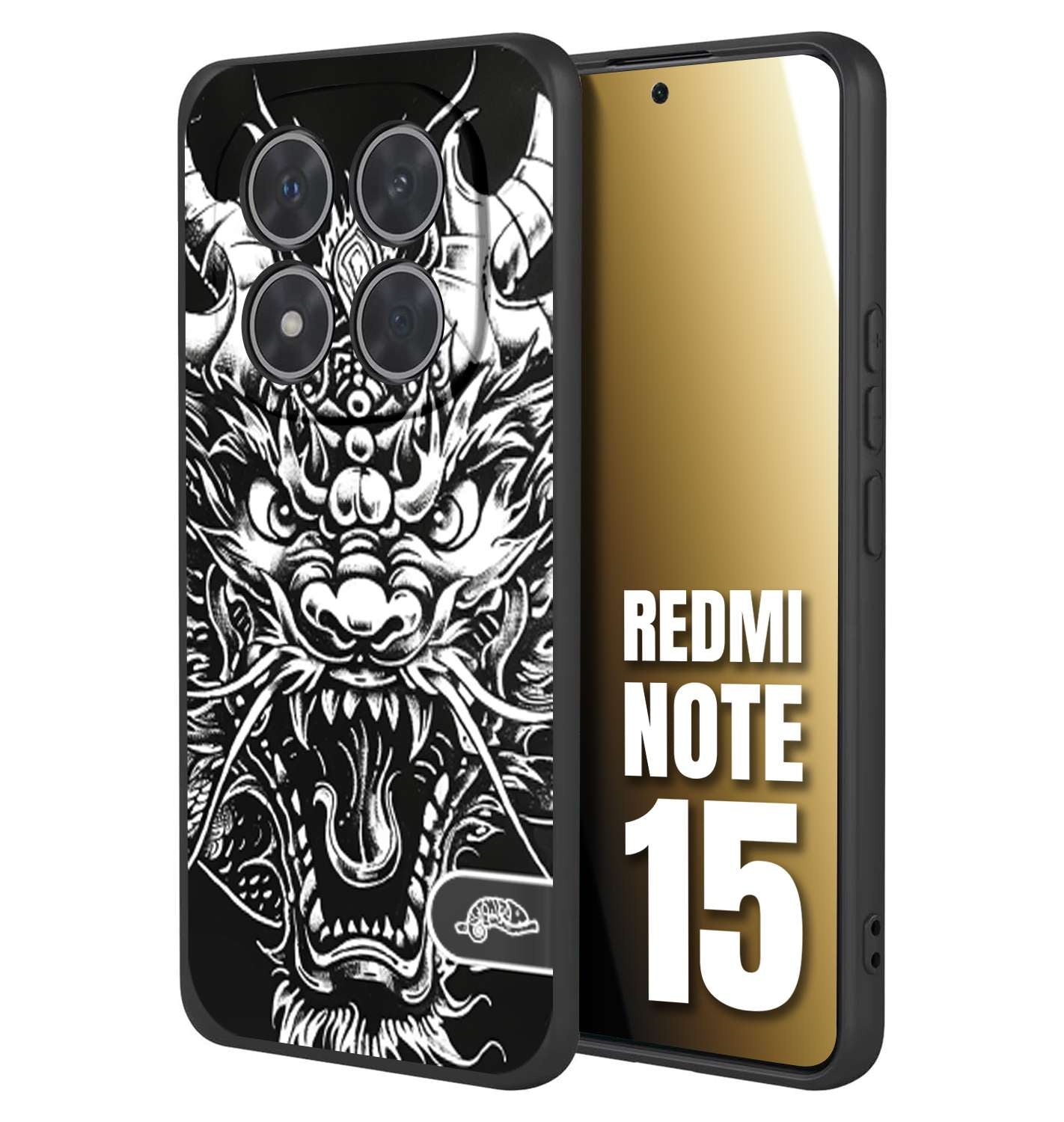 CUSTOMIZZA - Custodia cover nera morbida in tpu compatibile per Xiaomi Redmi Note 15 drago black and white bianco a rilievo disegnato tattoo tatuaggio