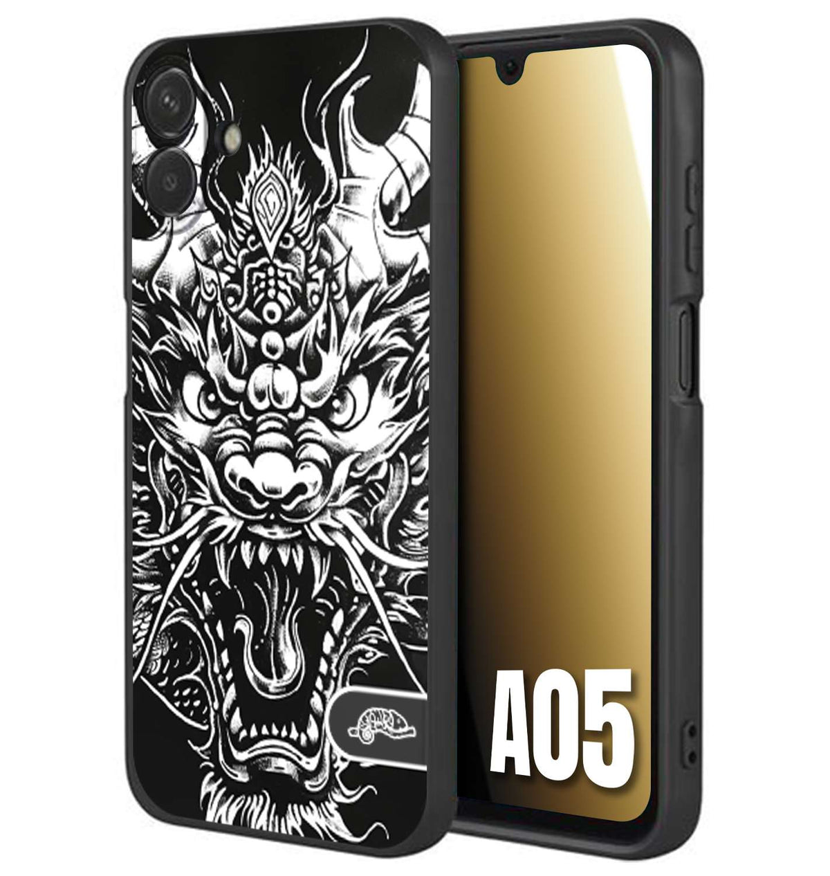 CUSTOMIZZA - Custodia cover nera morbida in tpu compatibile per Samsung A05 drago black and white bianco a rilievo disegnato tattoo tatuaggio