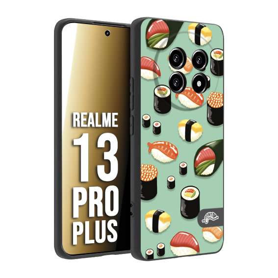 CUSTOMIZZA - Custodia cover nera morbida in tpu compatibile per Realme 13 PRO PLUS sushi disegni giapponese nighiri acquamarina verde