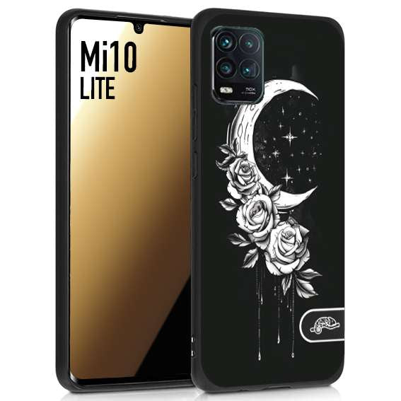 CUSTOMIZZA - Custodia cover nera morbida in tpu compatibile per Xiaomi Mi 10 LITE luna e fiori moon flowers black and white bianco a rilievo disegnato tattoo tatuaggio