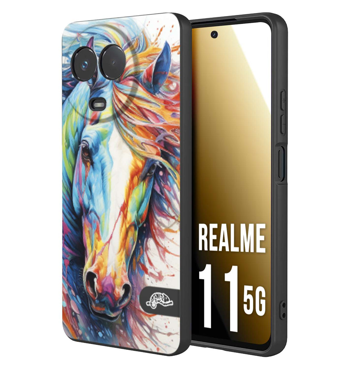 CUSTOMIZZA - Custodia cover nera morbida in tpu compatibile per Realme 11 5G animali color cavallo horse viso colori vibranti disegnato schizzo