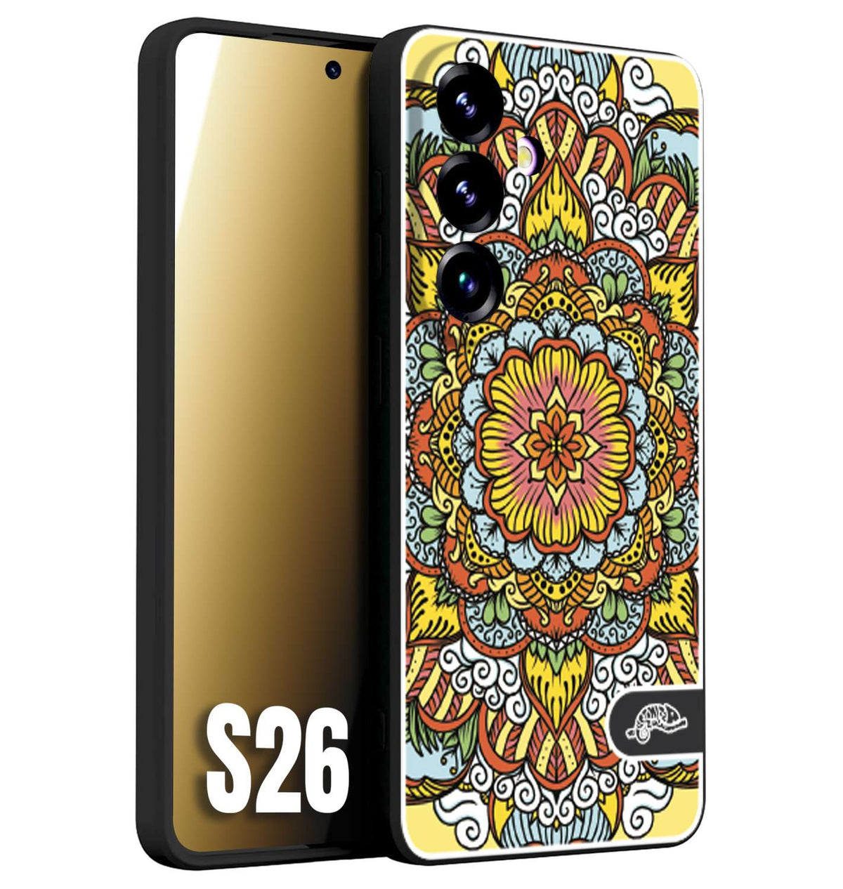 CUSTOMIZZA - Custodia cover nera morbida in tpu compatibile per Samsung S26 mandala colorato fiore nuvole arancione