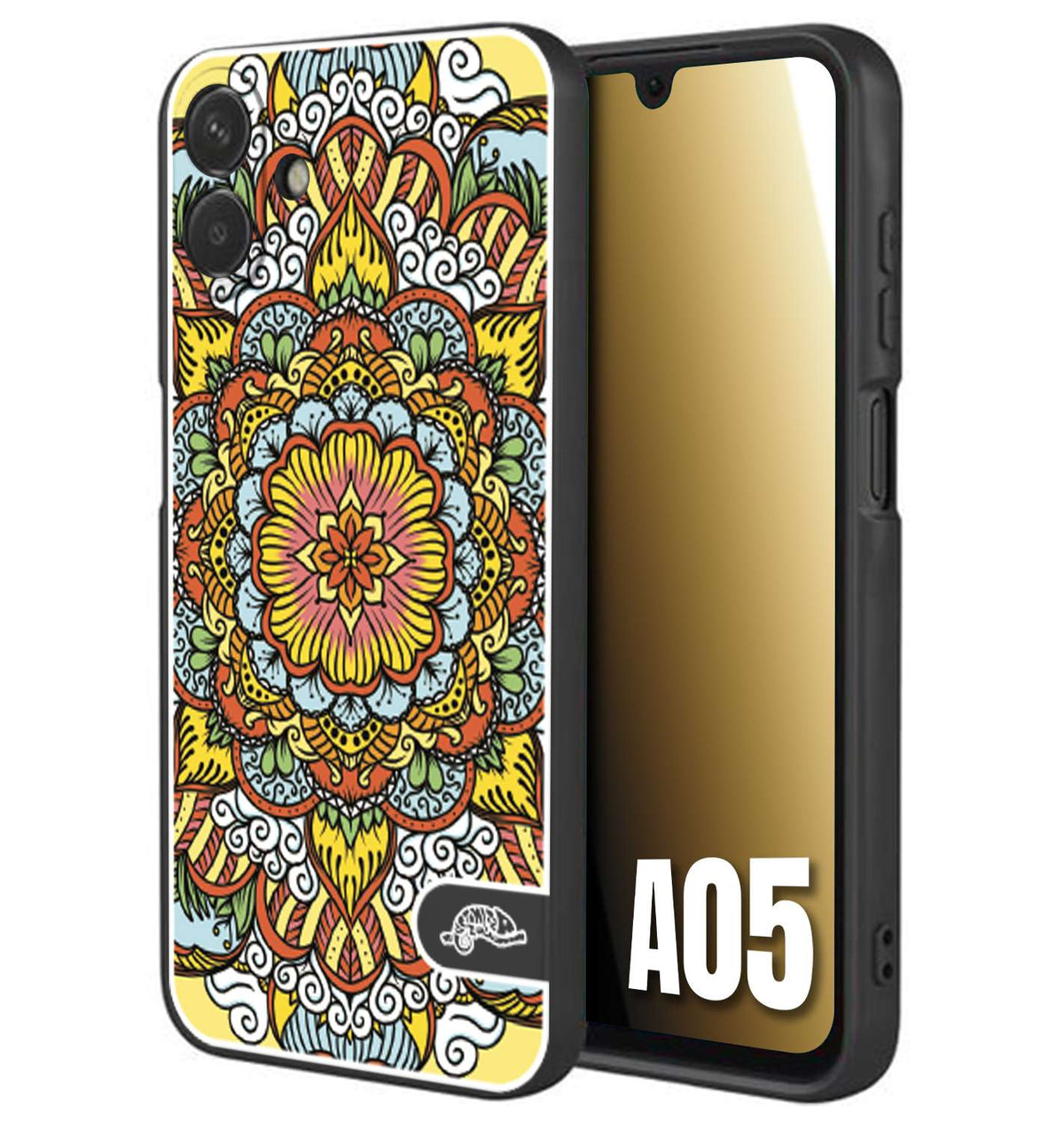 CUSTOMIZZA - Custodia cover nera morbida in tpu compatibile per Samsung A05 mandala colorato fiore nuvole arancione