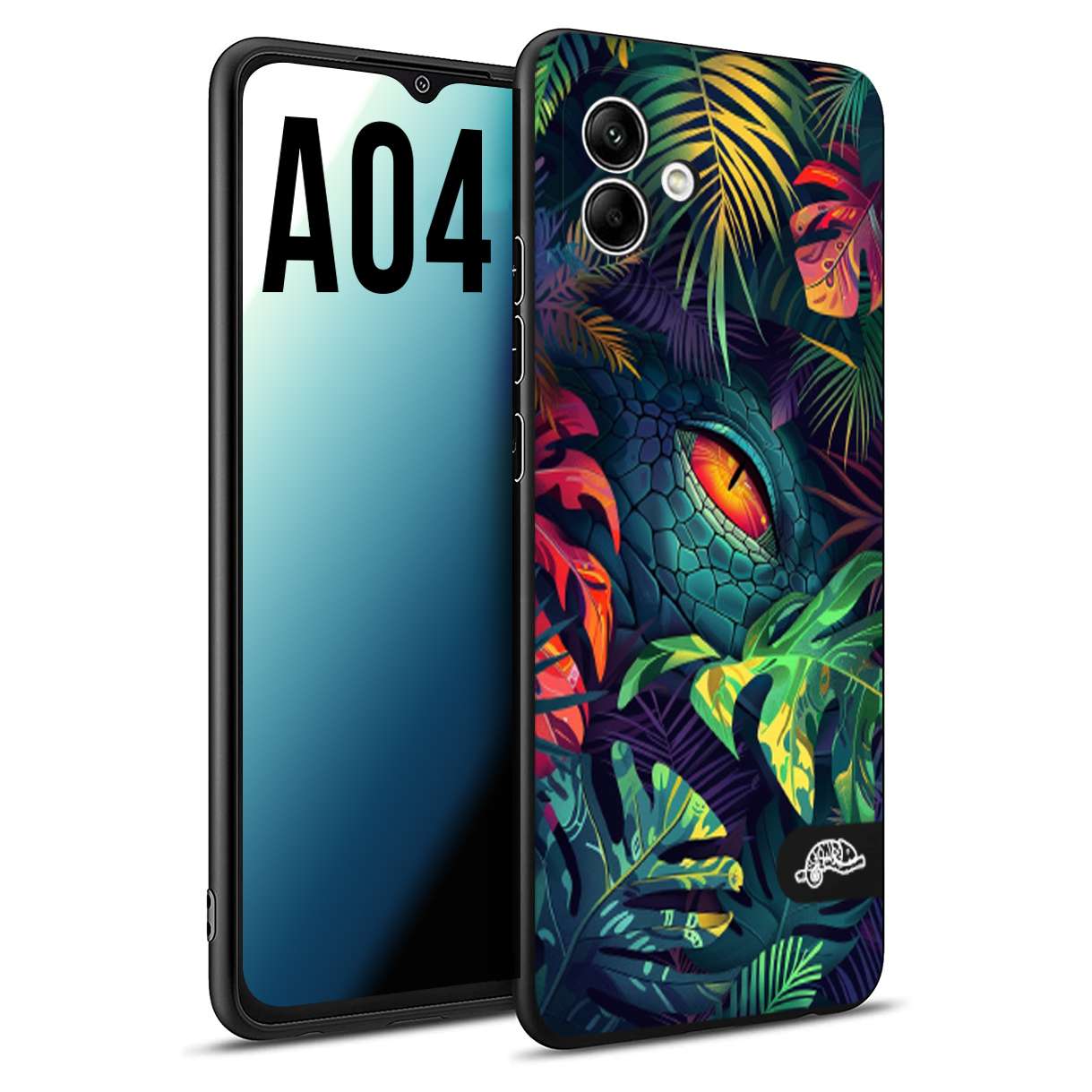 CUSTOMIZZA - Custodia cover nera morbida in tpu compatibile per Samsung A04 animali color giungla tropicale occhio di coccodrillo alligatore disegnato