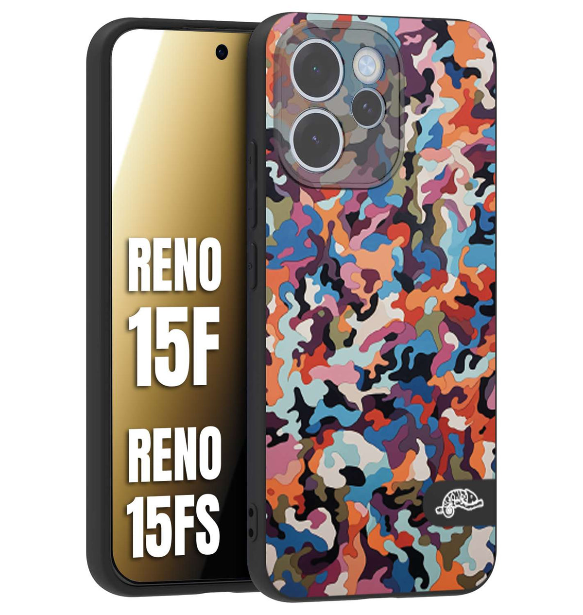 CUSTOMIZZA - Custodia cover nera morbida in tpu compatibile per Oppo Reno 15 F - Reno 15 FS camouflage mimetico militare moderno blu arancio rosa