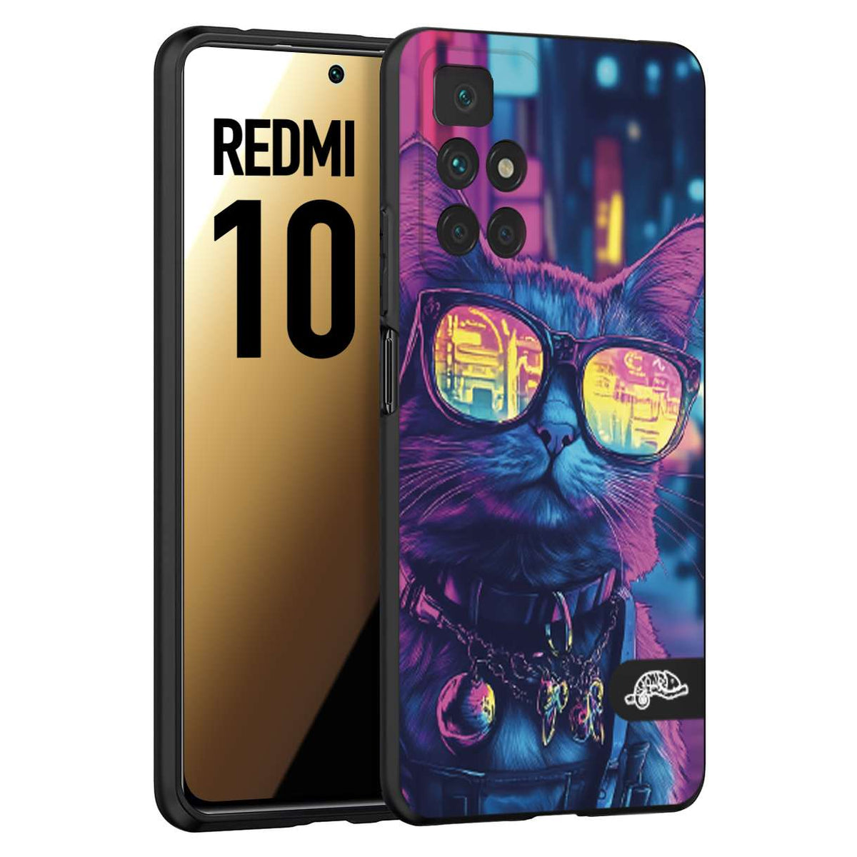 CUSTOMIZZA - Custodia cover nera morbida in tpu compatibile per Xiaomi Redmi 10 animali cyberpunk gatto street cat fucsia blu giallo