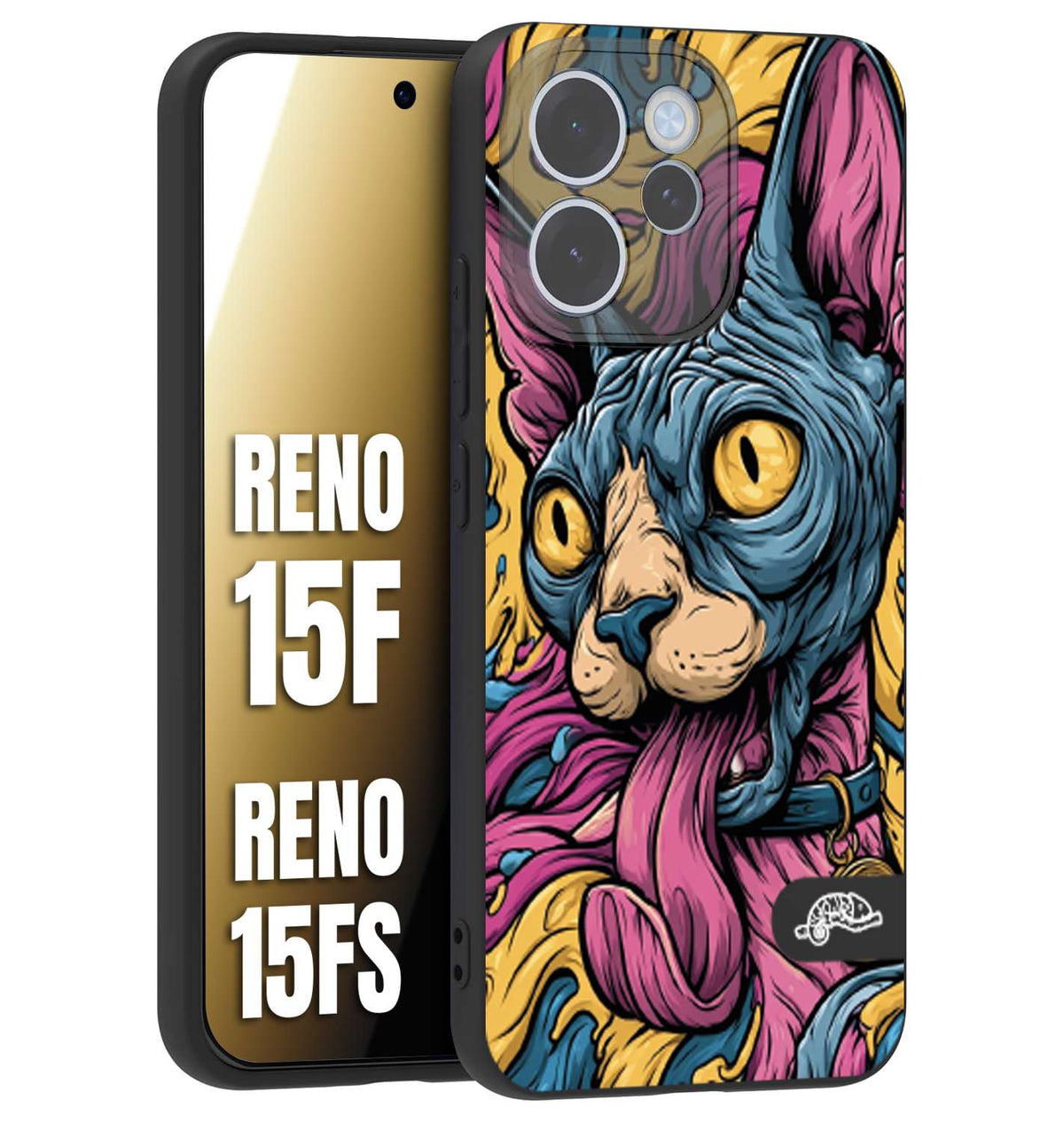 CUSTOMIZZA - Custodia cover nera morbida in tpu compatibile per Oppo Reno 15 F - Reno 15 FS Sphynx Colorato Pop Art Psichedelico Gatto Blu Rosa Giallo Artistica Fantasy
