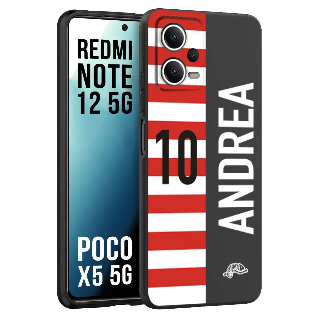 CUSTOMIZZA - Custodia cover nera morbida in tpu compatibile per Xiaomi Redmi Note 12 5G - POCO X5 5G personalizzata calcio football nome e numero calciatori bianco rossa