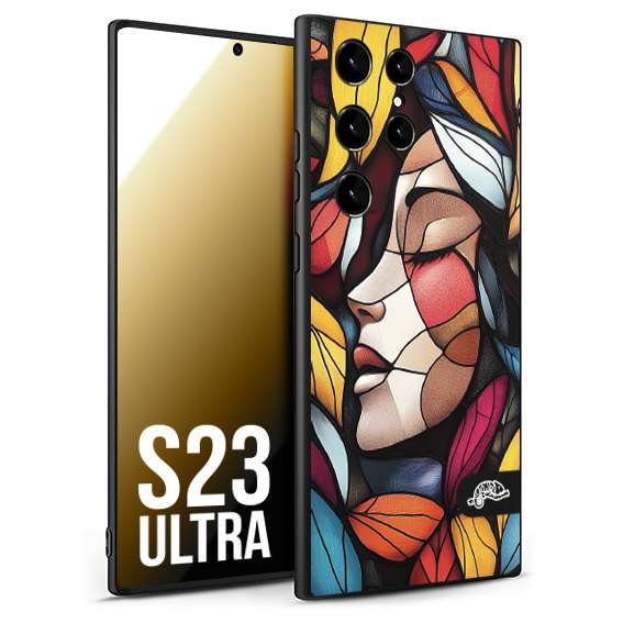 CUSTOMIZZA - Custodia cover nera morbida in tpu compatibile per Samsung S23 ULTRA Vetrata artistica volto di donna profilo fogliare mosaico di vetro colorato