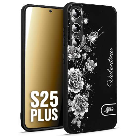 CUSTOMIZZA - Custodia cover nera morbida in tpu compatibile per Samsung S25 PLUS personalizzata rilievo soft touch nome rose fiori donna