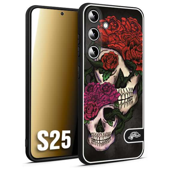 CUSTOMIZZA - Custodia cover nera morbida in tpu compatibile per Samsung S25 teschi e rose rosse fucsia skull and roses