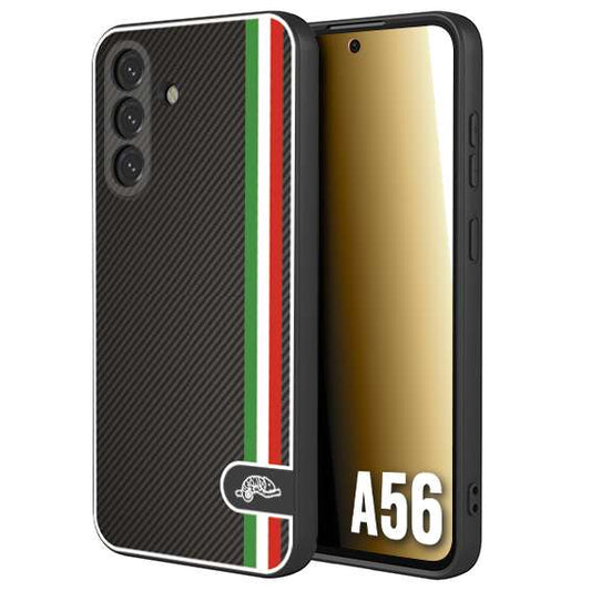 CUSTOMIZZA - Custodia cover nera morbida in tpu compatibile per Samsung A56 5G effetto fibra di carbonio bandiera Italia made in Italy