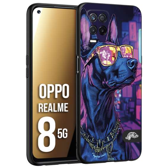 CUSTOMIZZA - Custodia cover nera morbida in tpu compatibile per Realme 8 5G animali cyberpunk dobermann cane street dog fucsia blu night