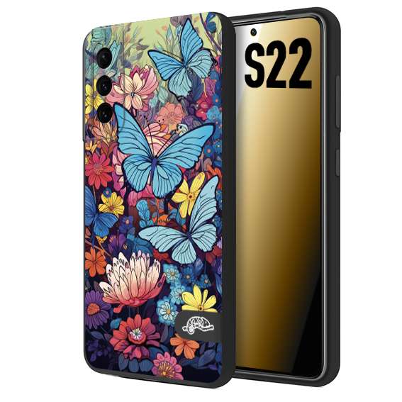 CUSTOMIZZA - Custodia cover nera morbida in tpu compatibile per Samsung S22 farfalle butterfly moderno donna disegnate gialla blu rosa