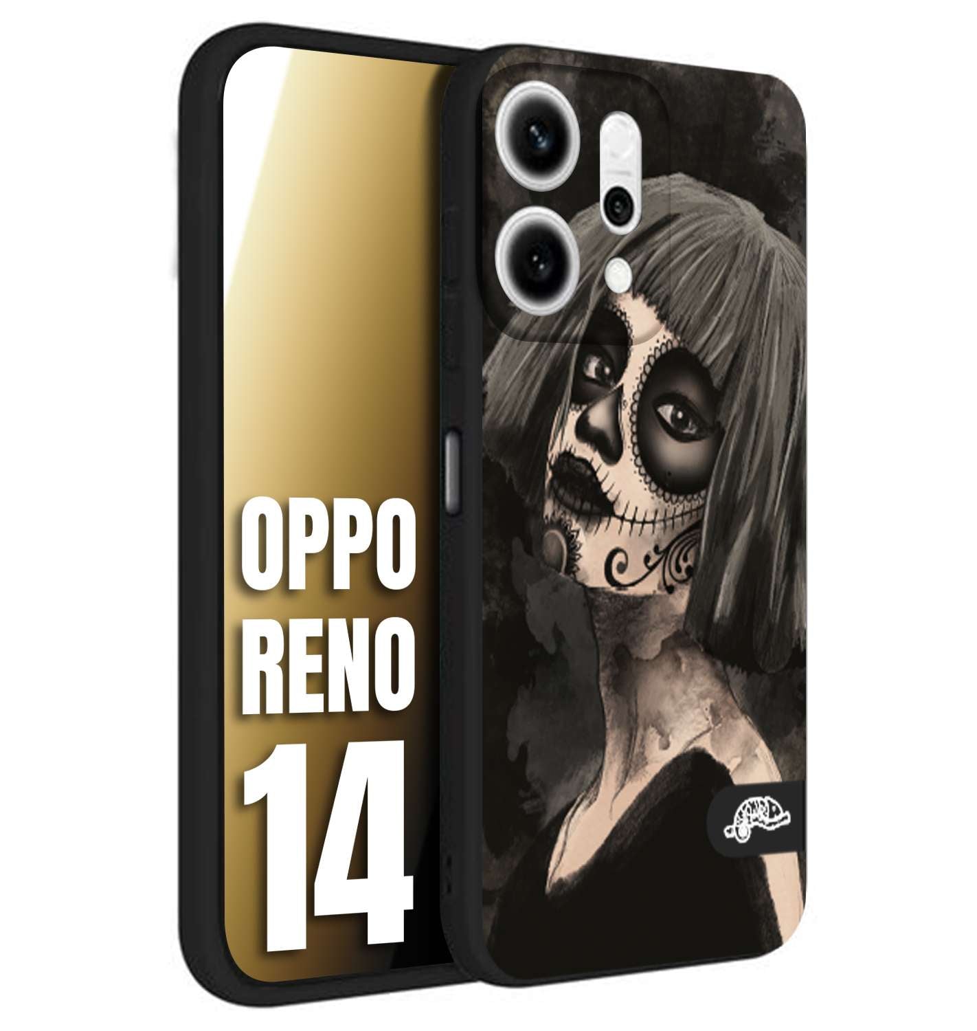 CUSTOMIZZA - Custodia cover nera morbida in tpu compatibile per Oppo Reno 14 chicana messicana dea de la muerte donna santa tattoo disegnata