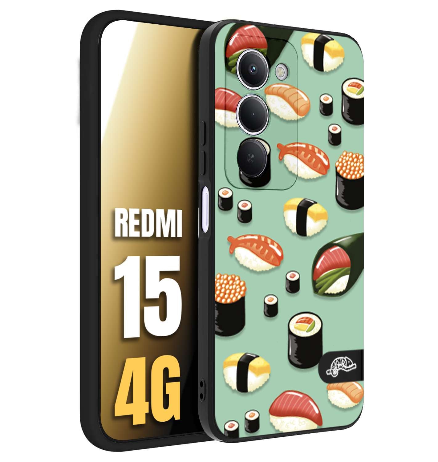CUSTOMIZZA - Custodia cover nera morbida in tpu compatibile per Xiaomi Redmi 15 4G sushi disegni giapponese nighiri acquamarina verde
