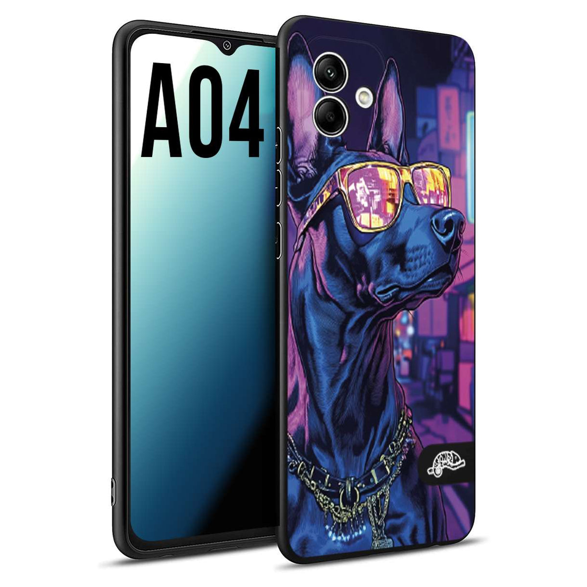 CUSTOMIZZA - Custodia cover nera morbida in tpu compatibile per Samsung A04 animali cyberpunk dobermann cane street dog fucsia blu night