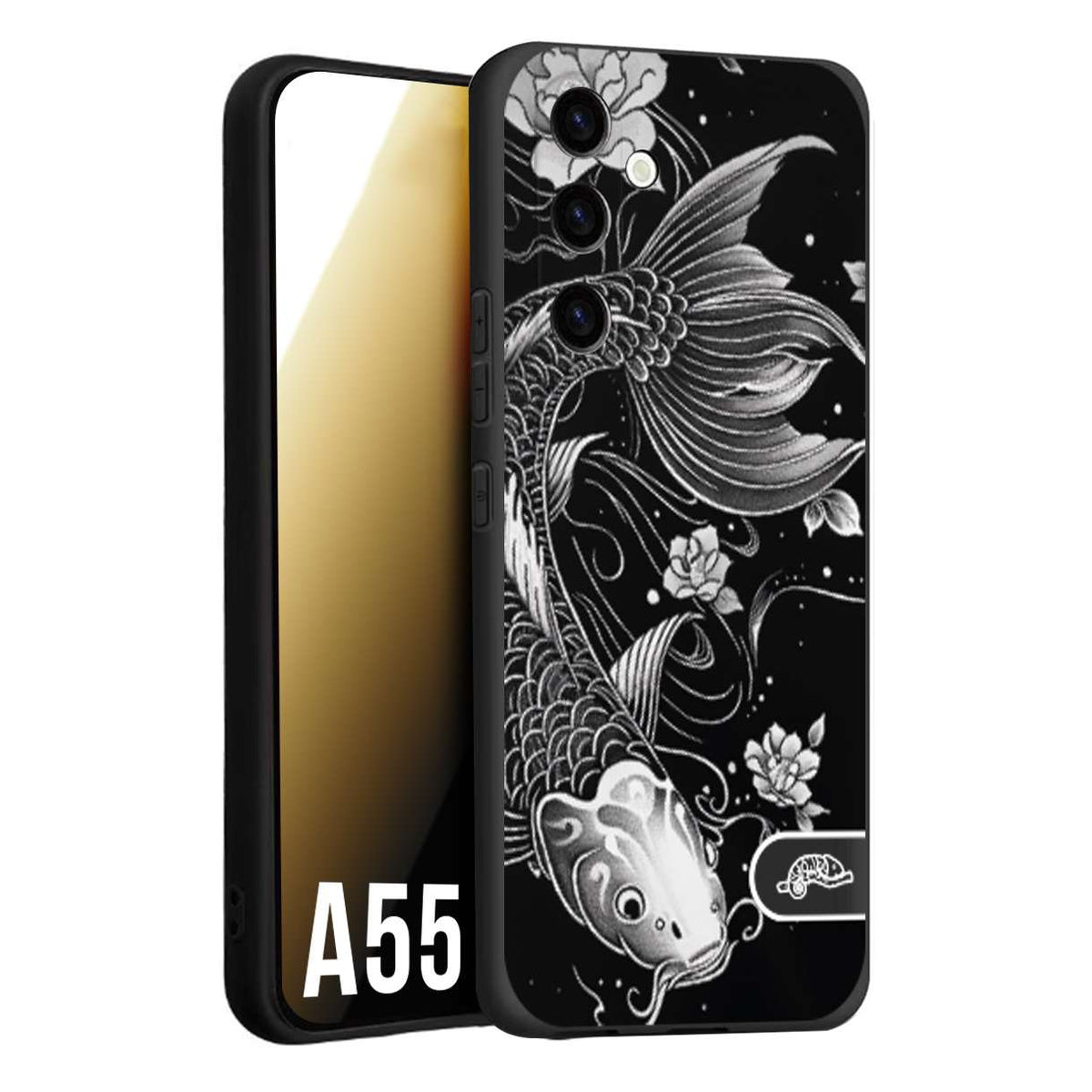 CUSTOMIZZA - Custodia cover nera morbida in tpu compatibile per Samsung A55 5G carpa koi black and white bianco a rilievo disegnato tattoo tatuaggio