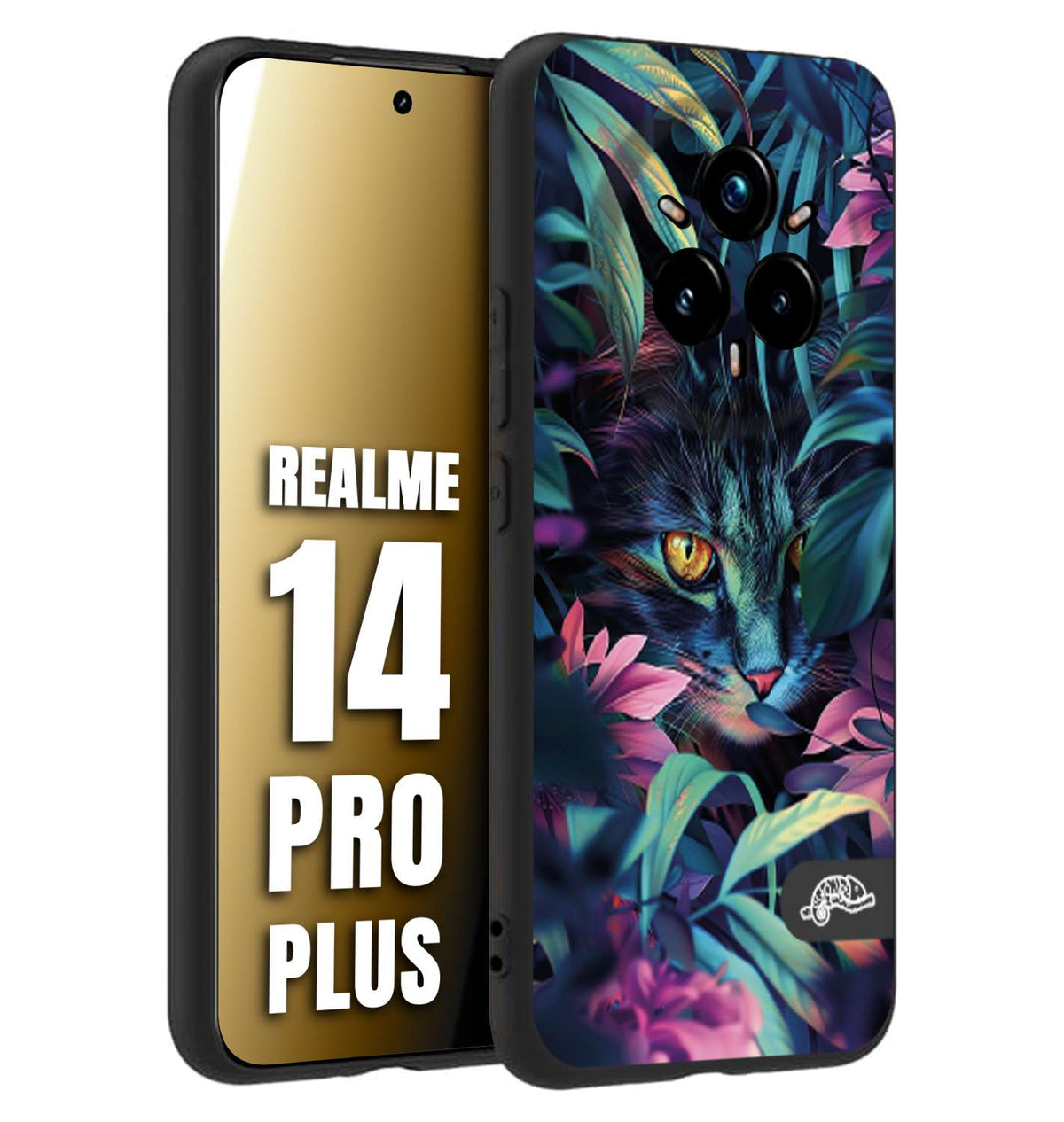 CUSTOMIZZA - Custodia cover nera morbida in tpu compatibile per Realme 14 PRO PLUS animali color giungla tropicale occhio di gatto colori vibranti disegnato