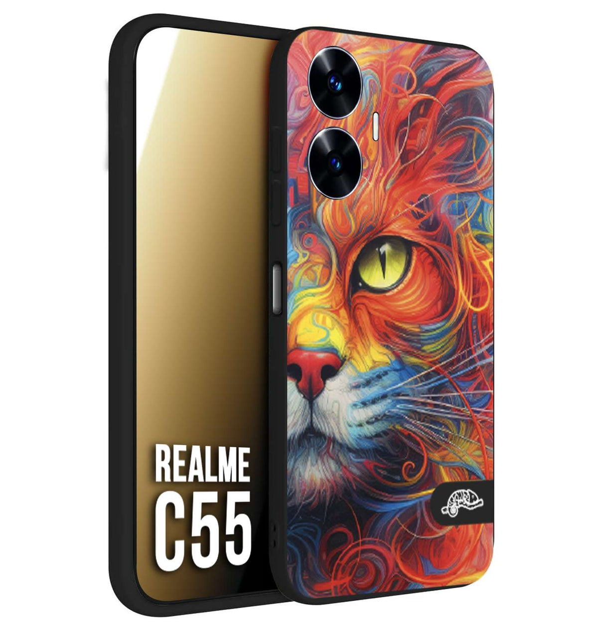 CUSTOMIZZA - Custodia cover nera morbida in tpu compatibile per Realme C55 animali color cat gatto viso colori vibranti disegnato schizzo