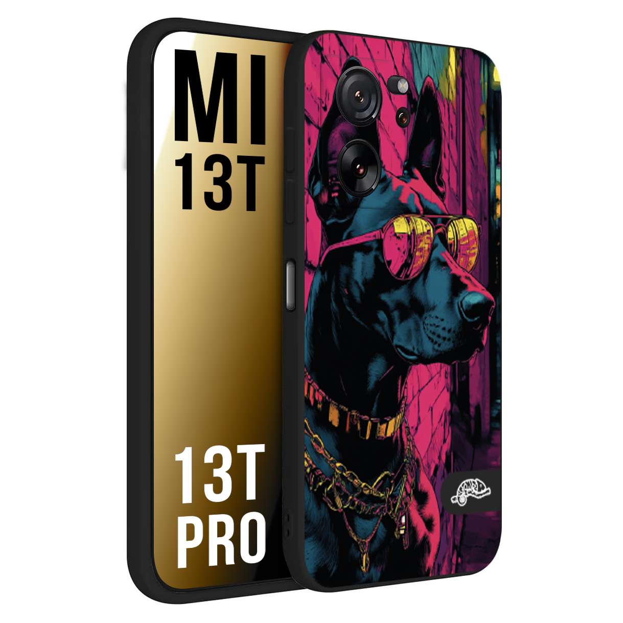 CUSTOMIZZA - Custodia cover nera morbida in tpu compatibile per Xiaomi 13T - 13T PRO animali cyberpunk dobermann cane street dog fucsia blu