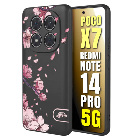 CUSTOMIZZA - Custodia cover nera morbida in tpu compatibile per Xiaomi Redmi Note 14 PRO 5G giapponese fiori di ciliegio in fiore a rilievo disegnata tattoo