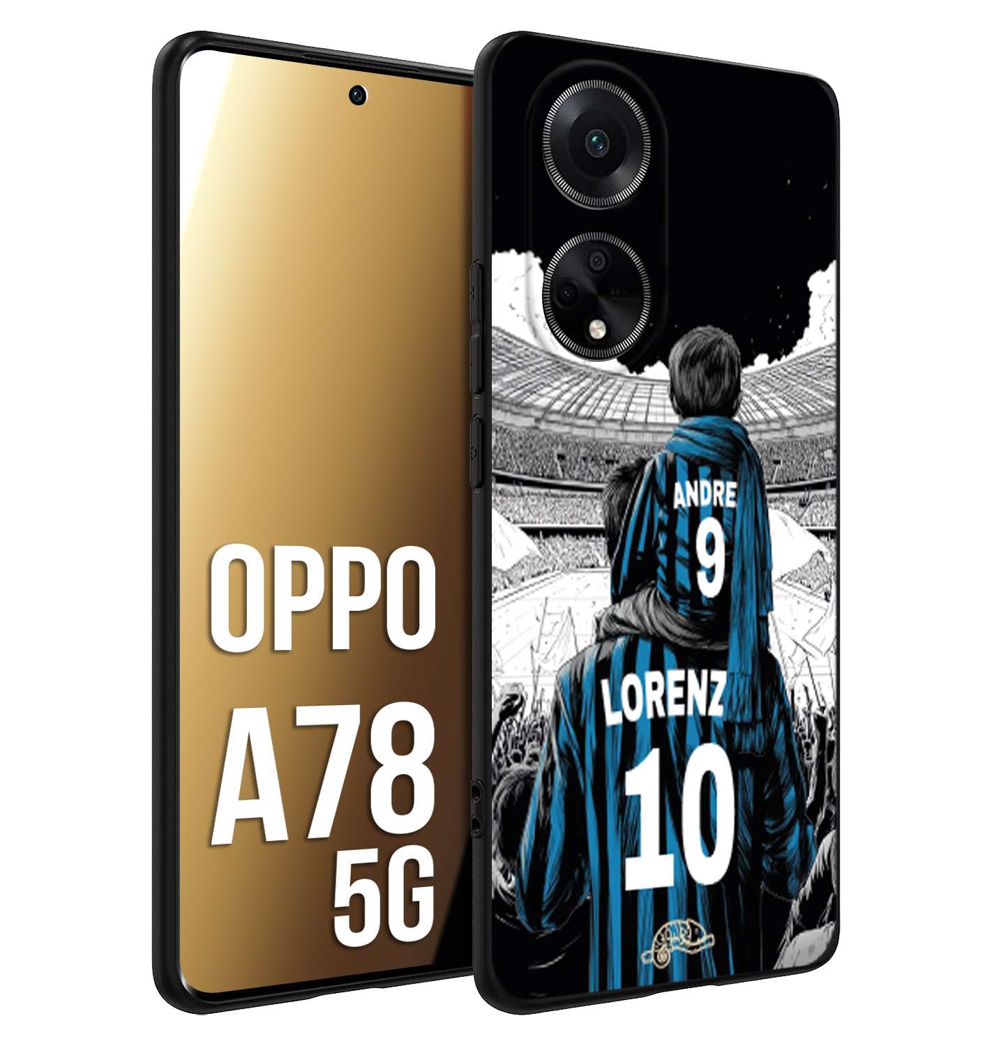 CUSTOMIZZA - Custodia cover nera morbida in tpu compatibile per Oppo A78 5G personalizzata calcio football padre e figlio calciatori nerazzurra