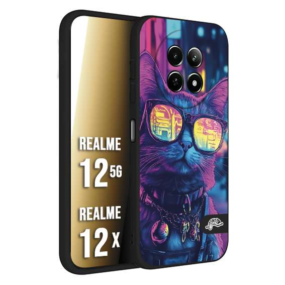 CUSTOMIZZA - Custodia cover nera morbida in tpu compatibile per Realme 12 5G - 12X animali cyberpunk gatto street cat fucsia blu giallo
