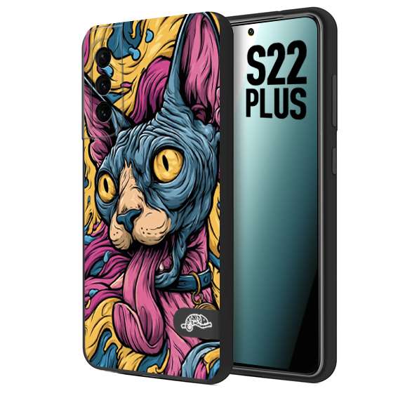 CUSTOMIZZA - Custodia cover nera morbida in tpu compatibile per Samsung S22 PLUS Sphynx Colorato Pop Art Psichedelico Gatto Blu Rosa Giallo Artistica Fantasy