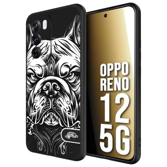 CUSTOMIZZA - Custodia cover nera morbida in tpu compatibile per Oppo Reno 12 5G bulldog bianco a rilievo disegnato tattoo tatuaggio