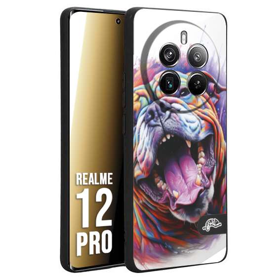 CUSTOMIZZA - Custodia cover nera morbida in tpu compatibile per Realme 12 PRO animali color bulldog cane dog colori vibranti disegnato schizzo