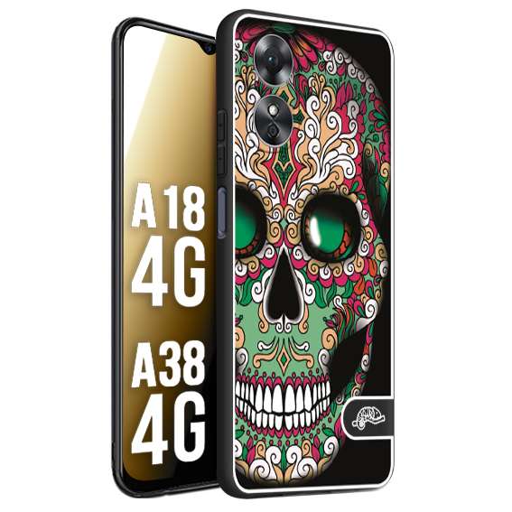 CUSTOMIZZA - Custodia cover nera morbida in tpu compatibile per Oppo A18 4G - A38 4G teschio messicano Mexican skull verde fucsia