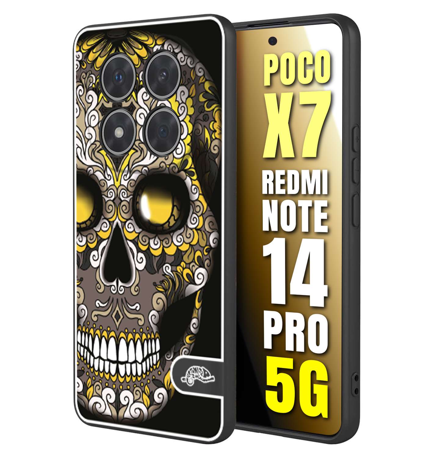 CUSTOMIZZA - Custodia cover nera morbida in tpu compatibile per Xiaomi Redmi Note 14 PRO 5G teschio messicano Mexican skull nero giallo