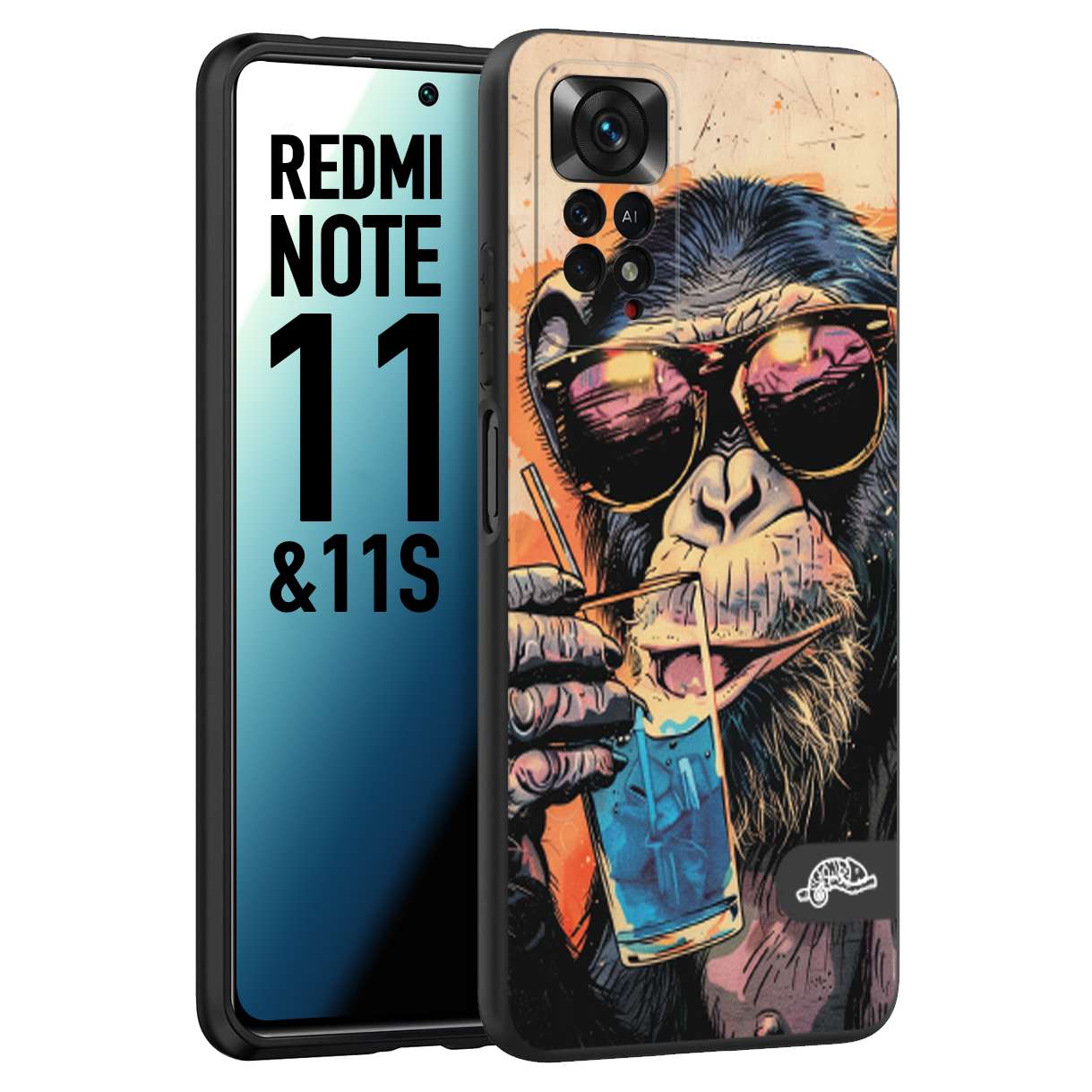 CUSTOMIZZA - Custodia cover nera morbida in tpu compatibile per Xiaomi Redmi Note 11 - Note 11S estate disegnata cocktails animali simpatici scimmia monkey negroni