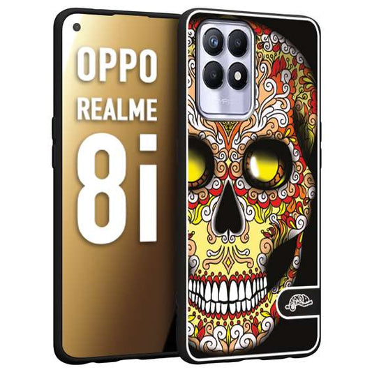 CUSTOMIZZA - Custodia cover nera morbida in tpu compatibile per Oppo Realme 8i teschio messicano Mexican skull giallo rosso arancio