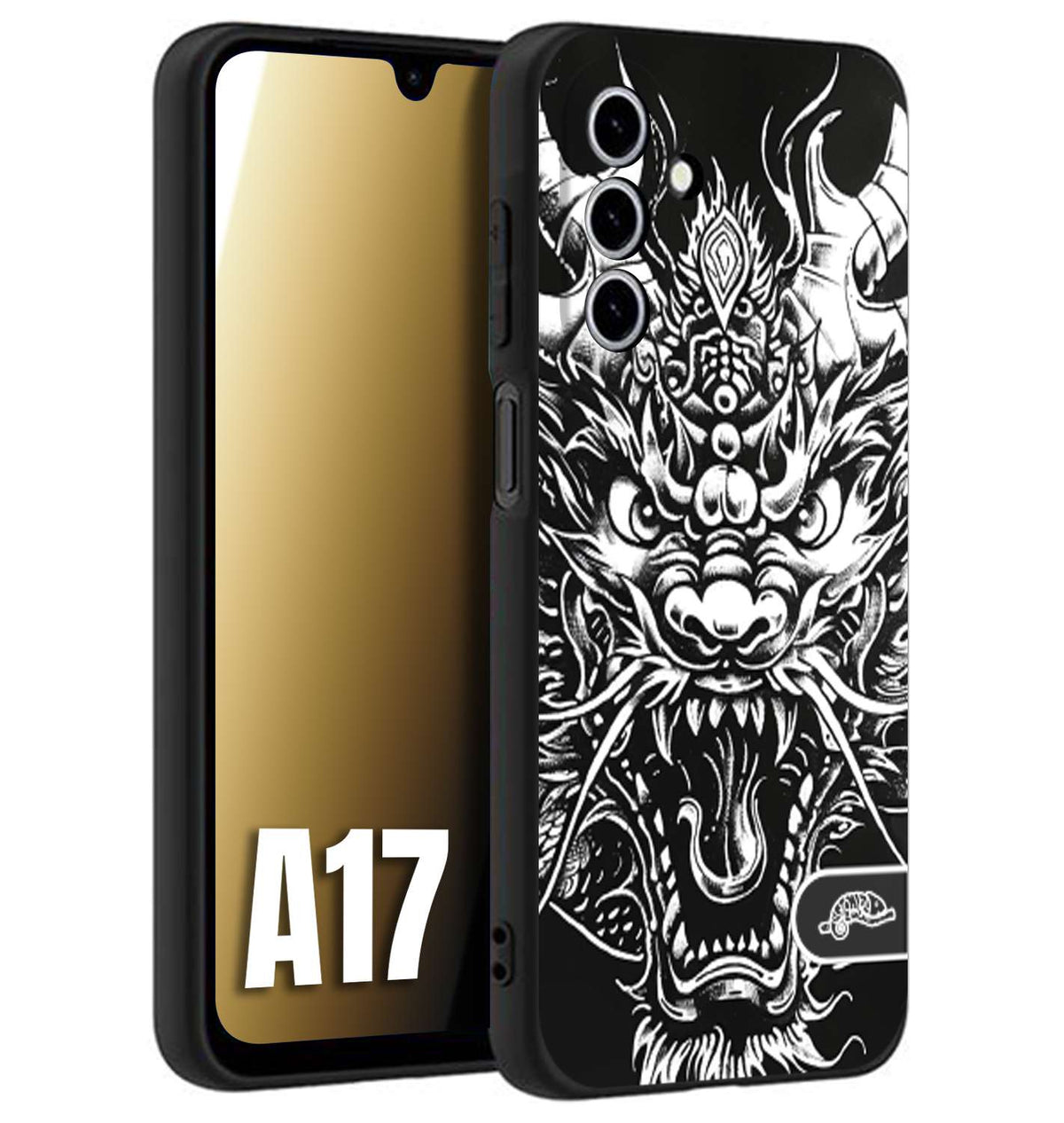 CUSTOMIZZA - Custodia cover nera morbida in tpu compatibile per Samsung A17 drago black and white bianco a rilievo disegnato tattoo tatuaggio