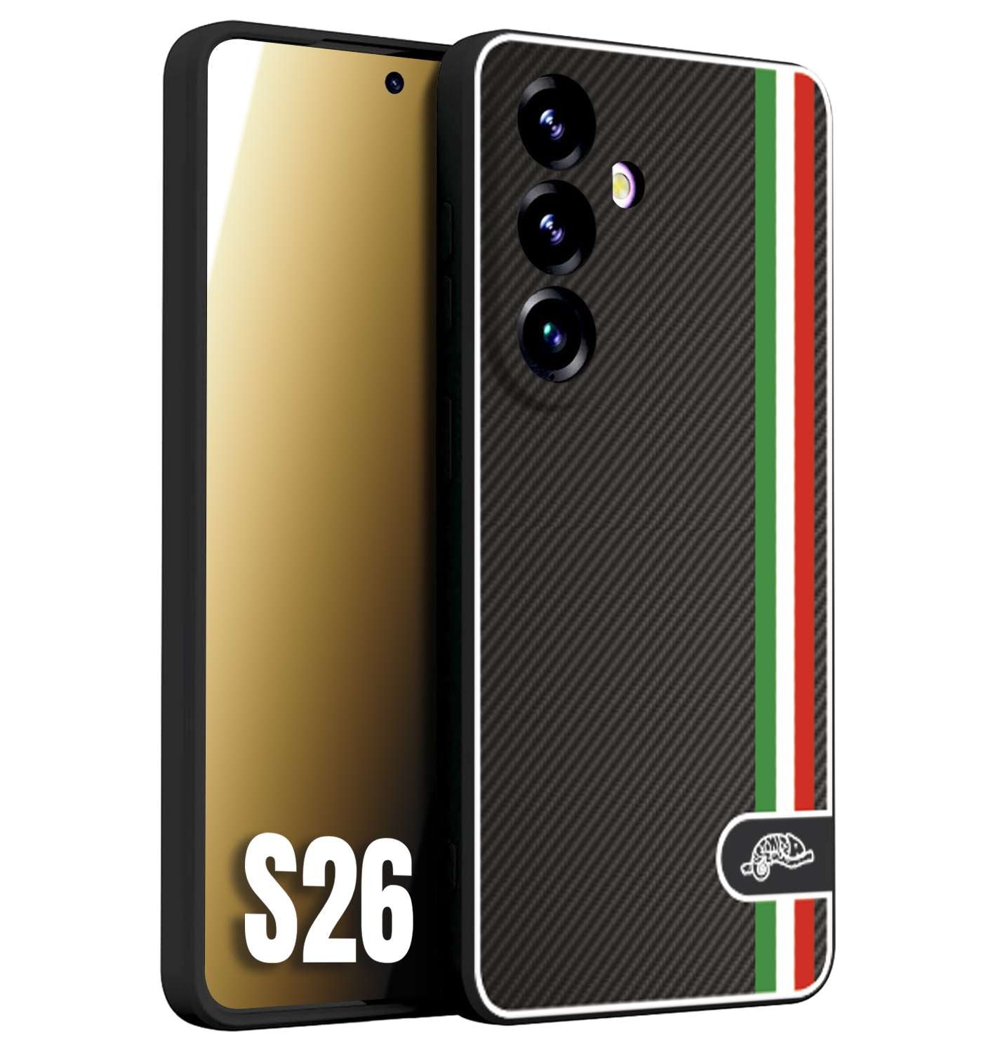 CUSTOMIZZA - Custodia cover nera morbida in tpu compatibile per Samsung S26 effetto fibra di carbonio bandiera Italia made in Italy